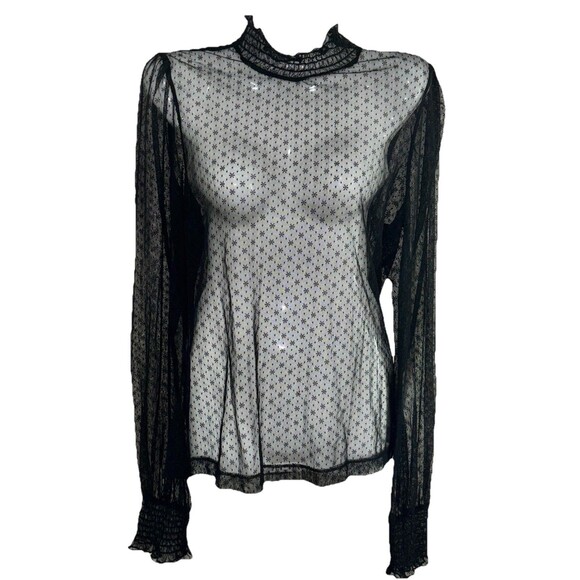 Bebe Black Mesh Sheer See Through Long Sleeve Mock Neck Floral Blouse Top Size L - Picture 1 of 13